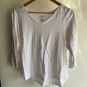 Chico’s The Ultimate Tee White 3/4 Sleeve V Neck White Sz 2 Lg 12 Women’s EUC